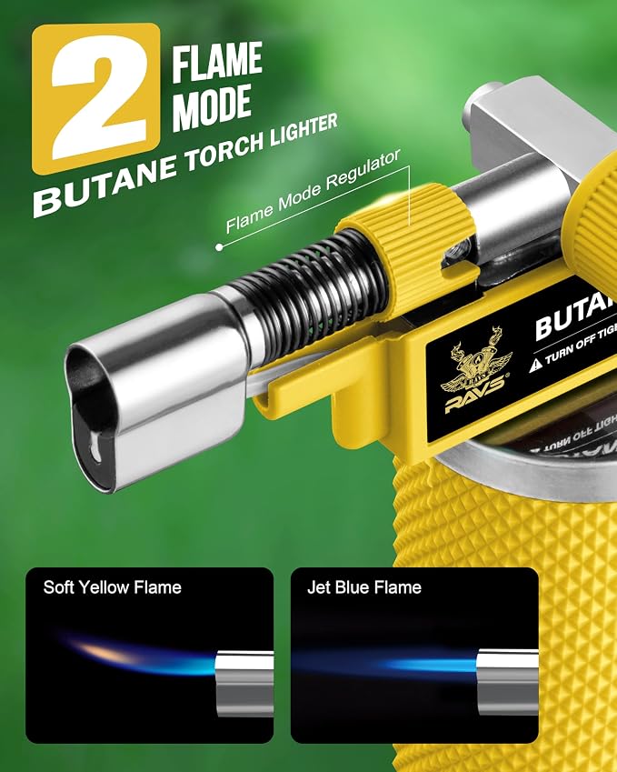 RAVS DUAL Flame Mode Butane Torch Lighter, Refillable Kitchen Torch, Metal Body Blow Torch for Baking with Adjustable Flame & Safety Buckle, Yellow Mini Torch Soldering Torch, Butane Gas Not Included