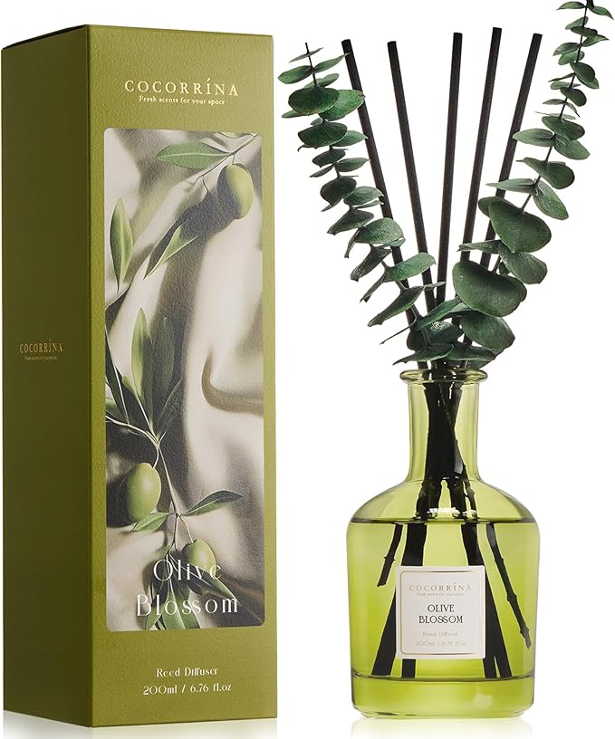 COCORRÍNA Olive Blossom Reed Diffuser – 6.76 oz Essential Oil with 8 Reeds & Real Eucalyptus Sticks, Home Fragrance for Bedroom or Bathroom Décor