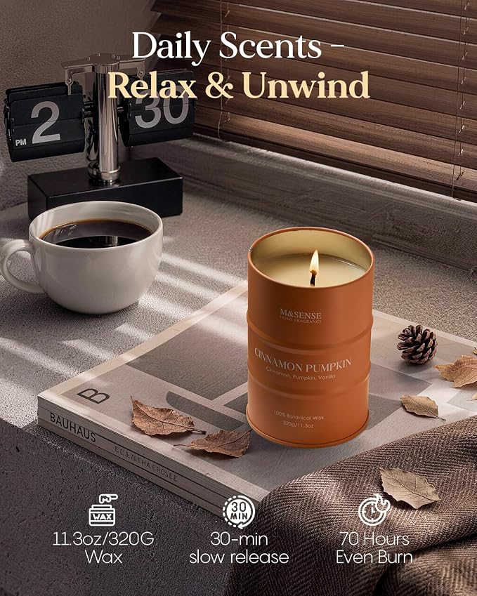 M&SENSE Cinnamon Pumpkin Scented Candles Christmas Decor,Natural Non Toxic, Aromatherapy Candle for Stress Relief Meditation Relaxing, Housewarming Gifts for Women Men, 11.3oz 70 Hour Christmas Candle