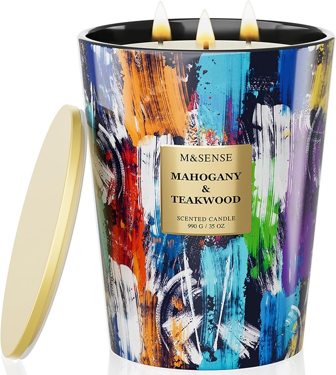 M&SENSE Large 3-Wick Teakwood Scented Soy Candle | 35oz, 150 Hours Clean Burning, Non-Toxic, Home Office Essential, Fathers Day Business & Housewarming Gift