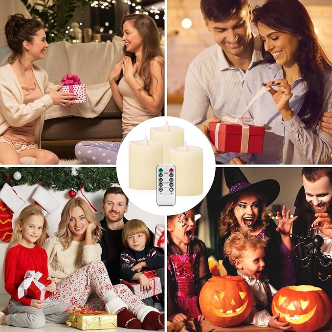 3x4 inch Flameless Candles: Realistic Flameless LED, Battery-Powered Pillar Candles with Remote & Timer, Fake Candles for Fall Decor, (Ivory, 3"*4"-3pcs)
