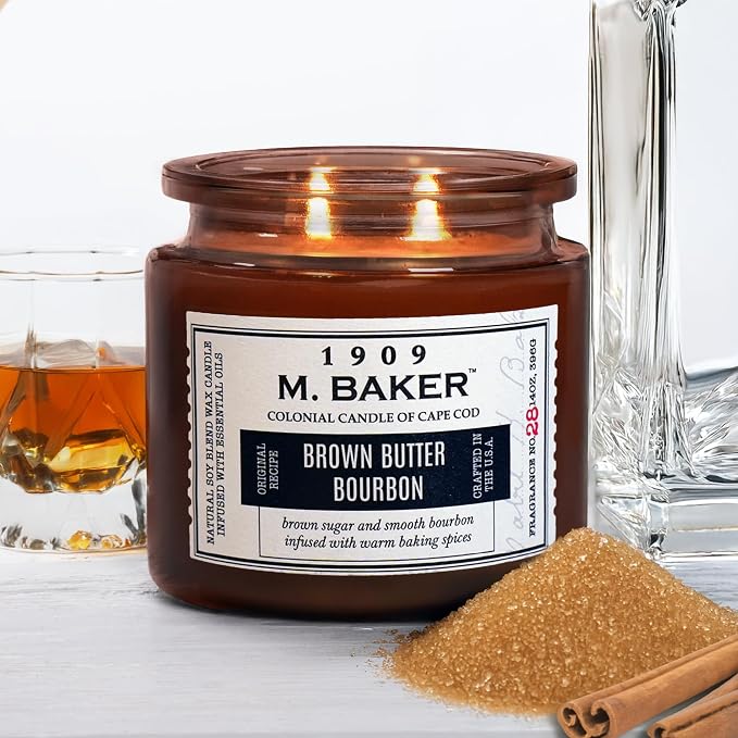 Colonial Candle Brown Butter Bourbon Scented Candle, 2-Wick Natural Soy Blend Wax Candle Infused with Essential Oils, 14 oz Apothecary Glass Jar Candle - Made in The USA