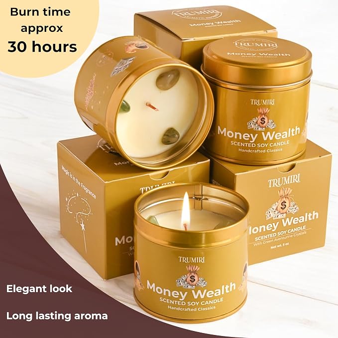 Money Wealth - Crystal Candles for Home Scented - Pack of 3 x 5oz Soy Wax Natural Clean Organic Non Toxic with Essential Oils - for Cash Luck Manifestation - Long Lasting Candel