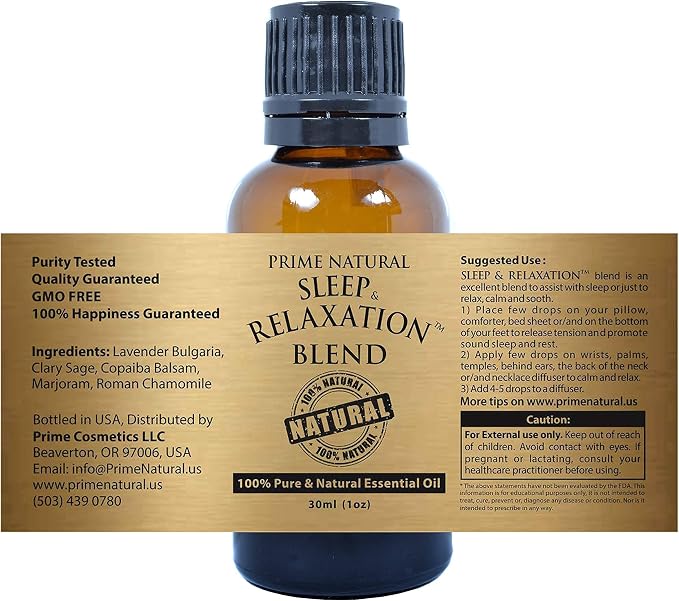 PRIME NATURAL Sleep & Relaxation Essential Oil Blend 30ml/1oz - by Prime Natural - Made in USA - Pure Undiluted Therapeutic Grade - Aromatherapy Scents & Diffuser - Grounding, Calming, Peace