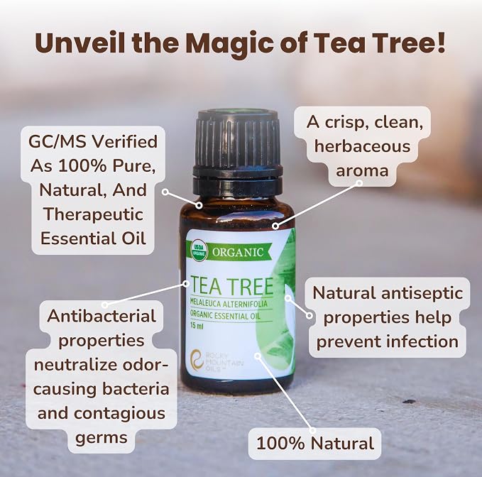 Rocky Mountain Oils Organic Tea Tree Essential Oil - 100% Pure, Undiluted, Natural Aromatherapy Oil for Skin, Hair & Diffuser, Therapeutic Grade for Hair Care, Massage and Humidifiers, USDA