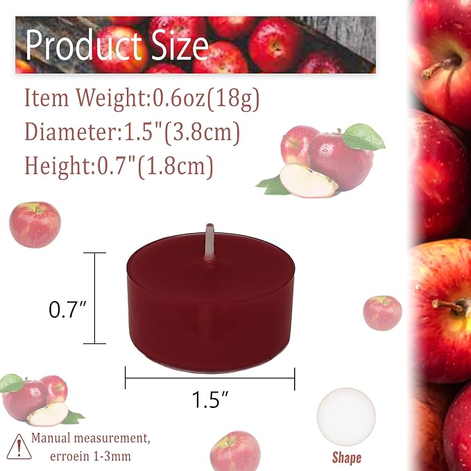 Apple Scented Tea Lights Candles, 24 Pack Red Tealights, 6-7 Hour Long Burning Tealight Candles Handmade Tea Candles for Wedding Party Home Decor