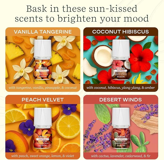 ClickWick Essential Oil Blends for Lifelines Diffusers, 4-Pack Sun-Kissed Escape - Essential Oil Blend Refill for Candle, Plant & Shower Aromatherapy Diffuser - Fragrance for Diffusers