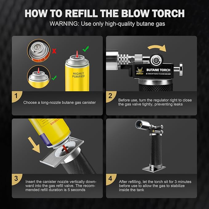 RAVS Butane Torch Lighter, Premium Metal Kitchen Torch with Adjustable Flame & Safety Buckle, Refillable Creme Brulee Torch for Baking, BBQ, DIY, Resin Art, Black, Butane Gas Not Included