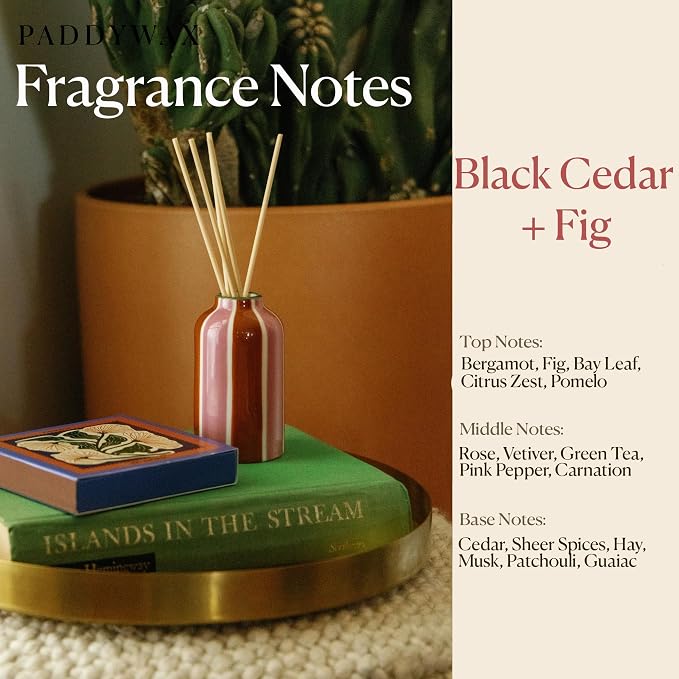 Paddywax A Dopo Reed Diffuser with Wooden Reeds, Long Lasting Home Fragrance Oil, Hand Painted Ceramic Vessel, Decorative Scent for Home, Giftable Box, 4 fl oz, Black Cedar& Fig