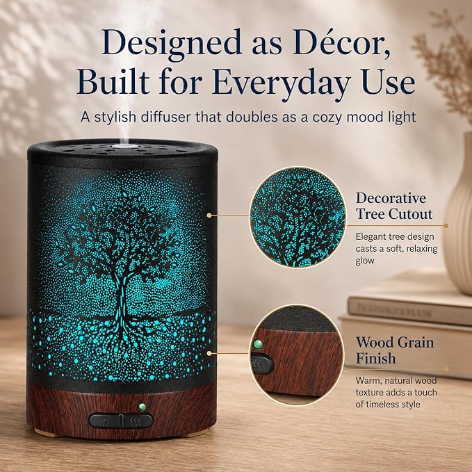 Essential Oil Diffuser- Aromatherapy Diffuser with7 Colors Light and Auto-Off for Women Metal Cool Mist Humidifier for Home and Office for Mom Women(Tree)