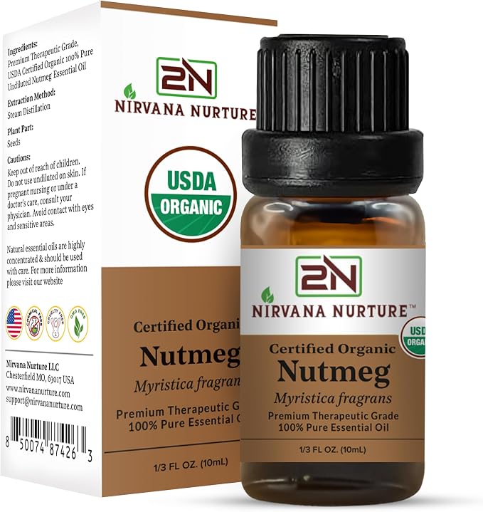 Nutmeg Essential Oil, USDA Certified Organic, 100% Pure Undiluted, Aromatherapy Oil for Diffuser, Hair & Skin Care