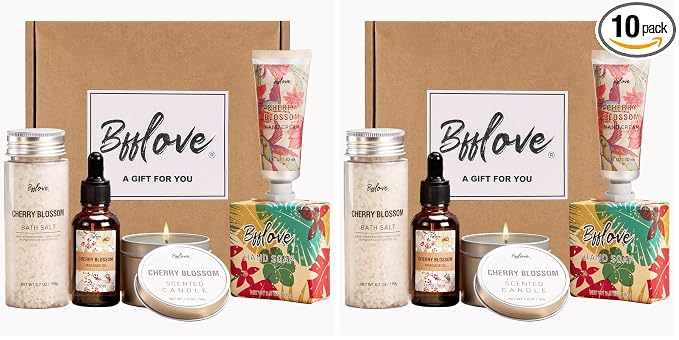 BFFLOVE Gift Set for Women - 5pcs Cherry Blossom Spa Gifts, Birthday, Anniversary, Mother's Day Gifts for Her with Massage Oil, Scented Candle, Bath Salts, Hand Cream (Pack of 2)
