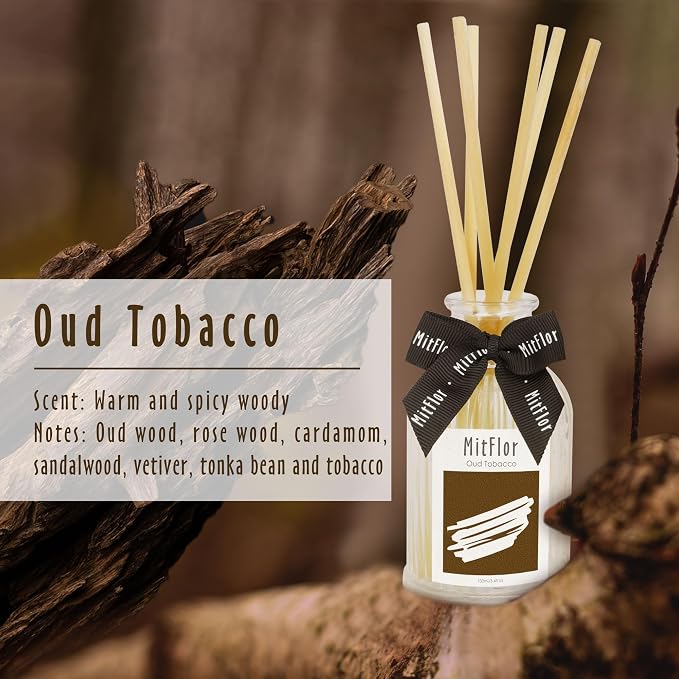 Reed Diffuser, MitFlor Oud Tobacco Fragrance Diffuser Gift Set, Woody Scent Diffuser with 6 Natural Rattan Sticks, Sleek Bedroom, Bathroom and Home Décor, 3.4 fl oz