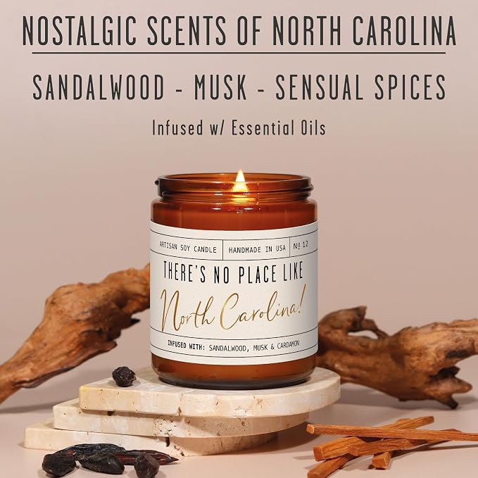 North Carolina Gifts, North Carolina Decor for Home - 'There's No Place Like North Carolina Candle, w/Sandalwood, Musk & Cardamon I North Carolina Souvenirs State Gifts I 9oz Jar, 50Hr Burn, USA Made