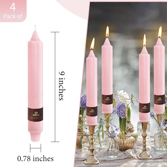 Pink Taper Candles 9 inch - 4 Pack Fat Candle Taper Candles Dripless, Smokeless, Unscented Tall Candlesticks - Perfect for Home Decor, Weddings, and Special Occasions