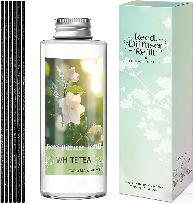 STRN Reed Diffuser Oil Refill, White Tea Scented Diffuser Oil Refills with 6 Reed Sticks 200ML(6.8fl.oz), Room Fresheners Long-Lasting Summer Fragrance for Living Room, Bedroom, Office