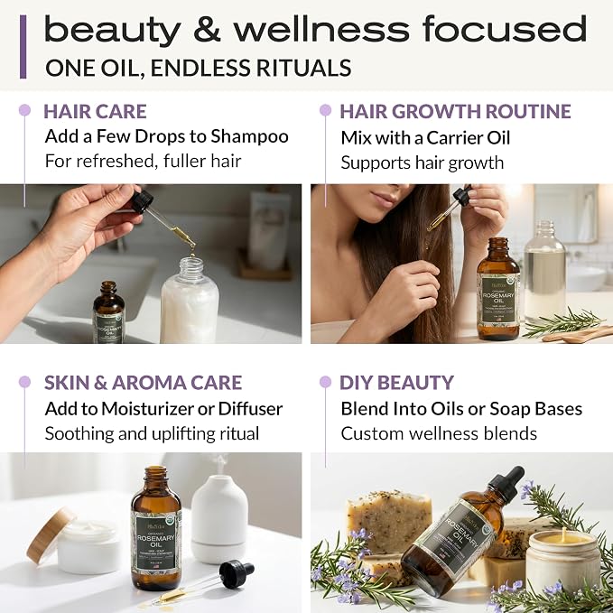 Ella & Eden Organic Rosemary Oil For Hair Growth - 2 Fl Oz, USDA Certified, 100% Pure, Steam-Distilled, USA Made, Hexane-Free - Rosemary Essential Oil for Skin, Aromatherapy - Glass Bottle
