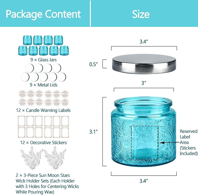 10 oz Blue Sun Moon Stars Candle Jars with Metal Lids, 9 Pack | Patented Embossed Design, Includes Wick Centering Devices & Warning Labels, Multiple Color Options