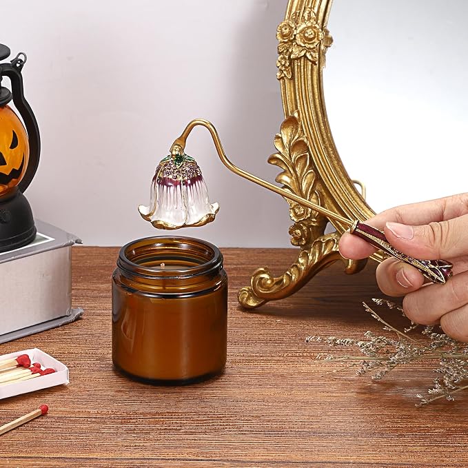 OwnMy Candle Snuffer Decorative Metal Candle Extinguisher with Long Handle, Vintage Candle Flame Snuffer and Wick Trimmer Tool, Elegant Candles Care Accessory Kit, White+Purple