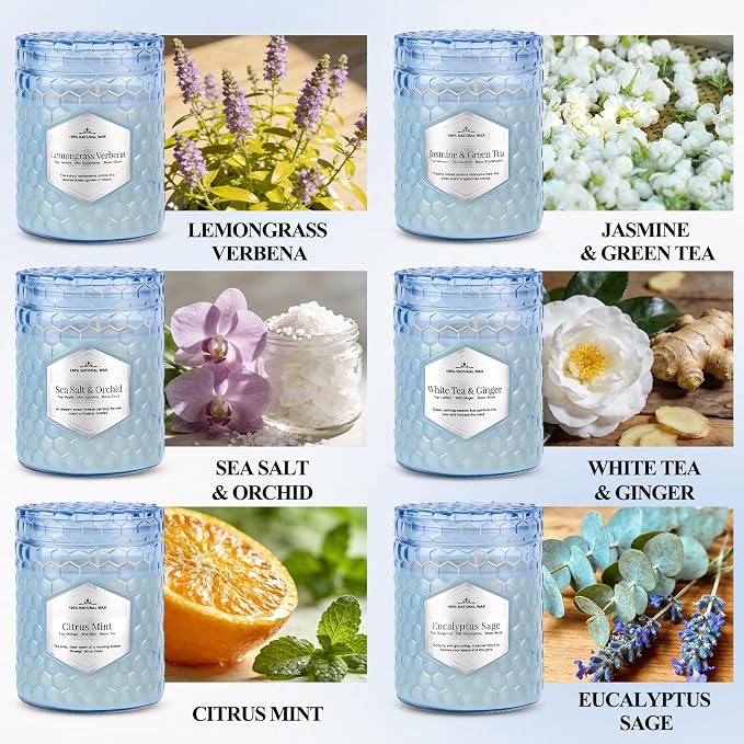 Lake Blue Candles for Home Scented, 6 Pack of 5.5 Oz Natural Soy Wax Candles in Decorative Glass, Home Aromatherapy Gifts Sets for Women Birthday Christmas Refresh & Relaxation