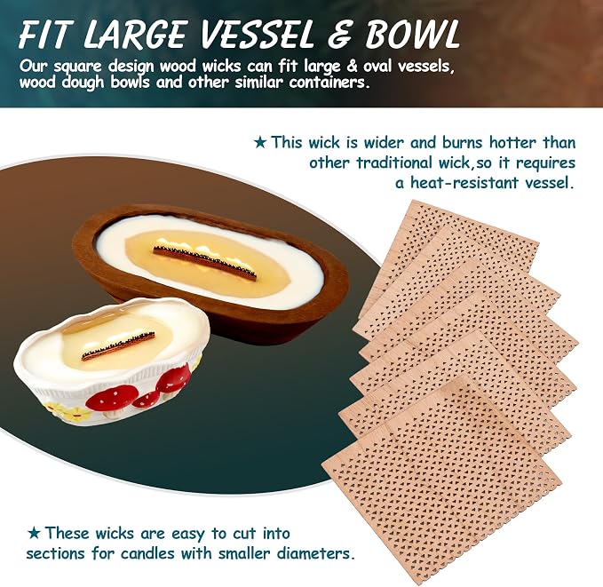6 Set Large Wood Candle Wick Grid Design Large Wooden Wick 2.7x2.4inch / 70x60mm (Width*Height), Natural Crackling Wood Wick Core with Iron Stands for Soy Candle Making Candles Supplies