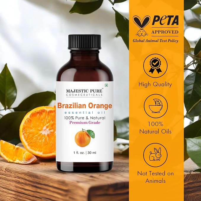 Majestic Pure Essential Oil with Glass Dropper - 100% Pure and Natural - Essential Oils for Diffuser, Aromatherapy, Soap and Candle Making, Brazillian Orange Essential Oil, Orange Oil, 1 Fl Oz