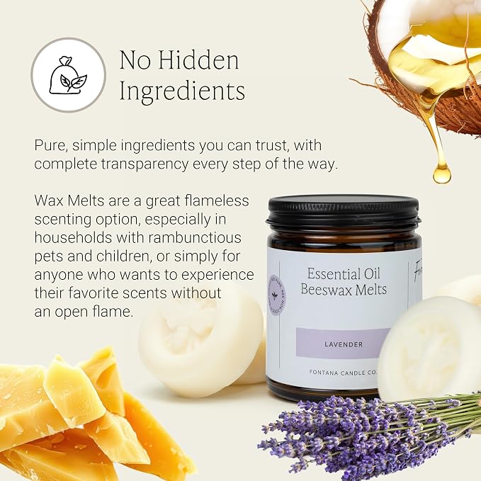 Fontana Candle Co. Non-Toxic Wax Melts, Lavender – Flameless, Gentle-Scented Wax Melts Safe for Sensitive Users – Made with Beeswax, Coconut & Pure Essential Oils, 3 Pucks for Any Warmers