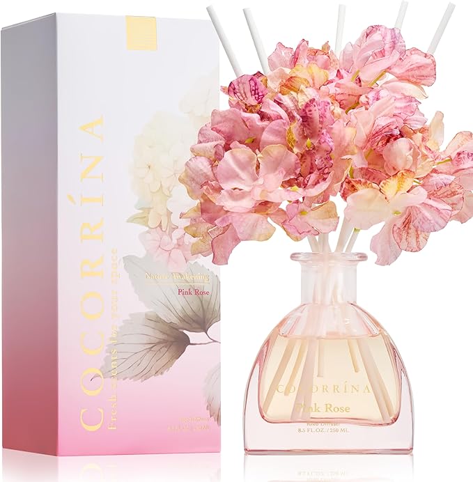 COCORRÍNA Reed Diffuser - Pink Rose 8.5 Fl.oz Reed Diffuser with 8 Sticks for Home Bathroom Shelf Decor (Simple Luxe Collection)