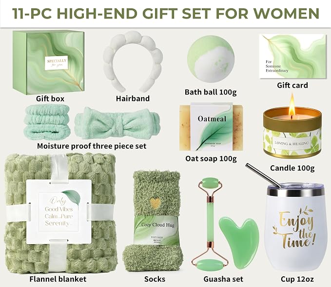 Self Care Kit - Spa Gifts Self Care Relaxation Gifts for Women Self Care Basket Set Stress Relief Get Well Soon Gift Baskets for Women Cozy Relaxing Gifts for Woman Mom Best Friends Sister Wife, Green