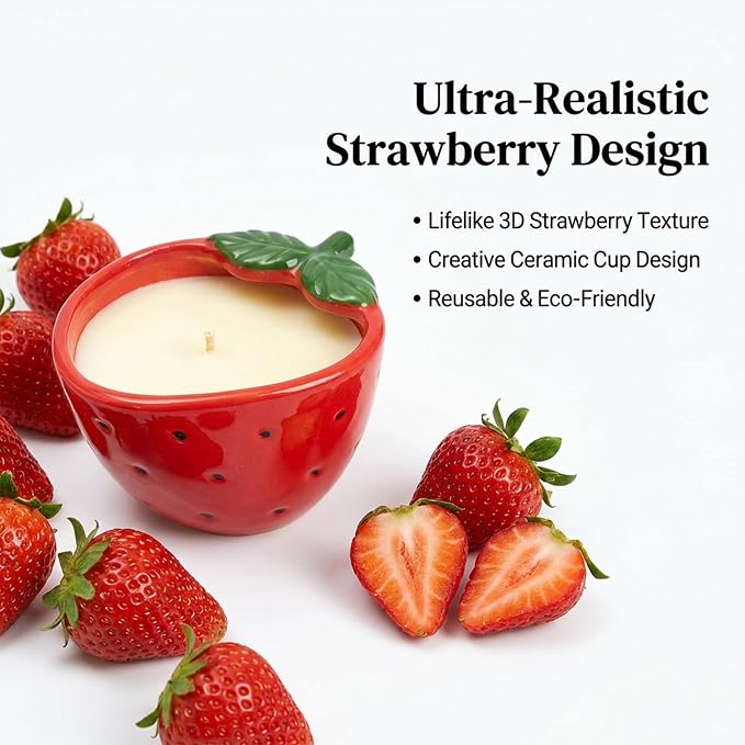 Strawberry Scented Candle – 4.23 oz (120g) Natural Soy Wax, 30-Hour Clean Burn, Strawberry-Shaped Ceramic Jar, Home Fragrance & Thoughtful Gift for Home (Red)