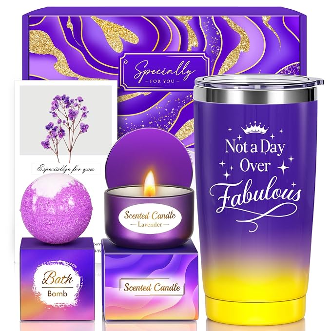 Birthday Gifts Set for Women Her Mom Wife Girlfriend Friend - Purple Self Care Spa Relaxation Gift Basket Set with Novelty Stainless Steel Coffee Tumbler, Lavender Candle, Bath Bomb