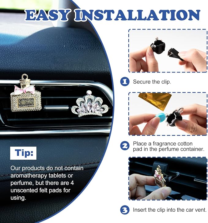 Rislobx 4PCS Bling Air Freshener Vent Clip, Crystal Diamond High Heel Shoe Bag Crown Perfume Bottle Diffuser Vent Clip Cute Car Bling Accessories Decoration for Women (Gold)