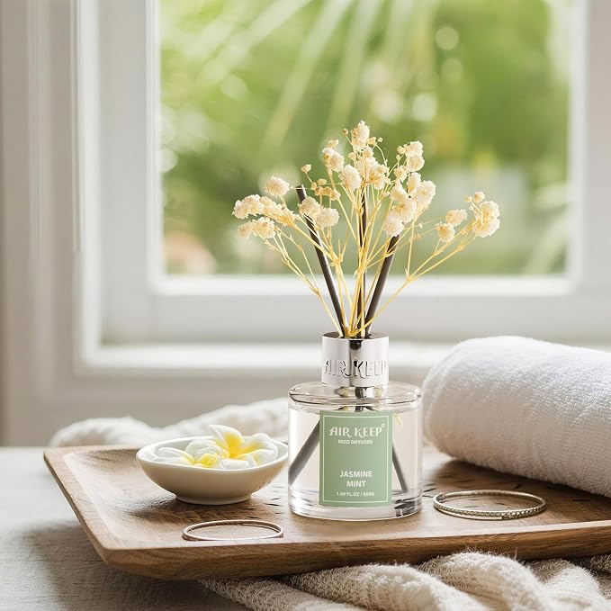 Airkeep Reed Diffuser Set,1.69 fl oz (50 ml) - Jasmine Mint Oil Diffusers with 8 Reed Sticks,Home Fragrance Reed Diffuser for Bathroom Shelf Decor