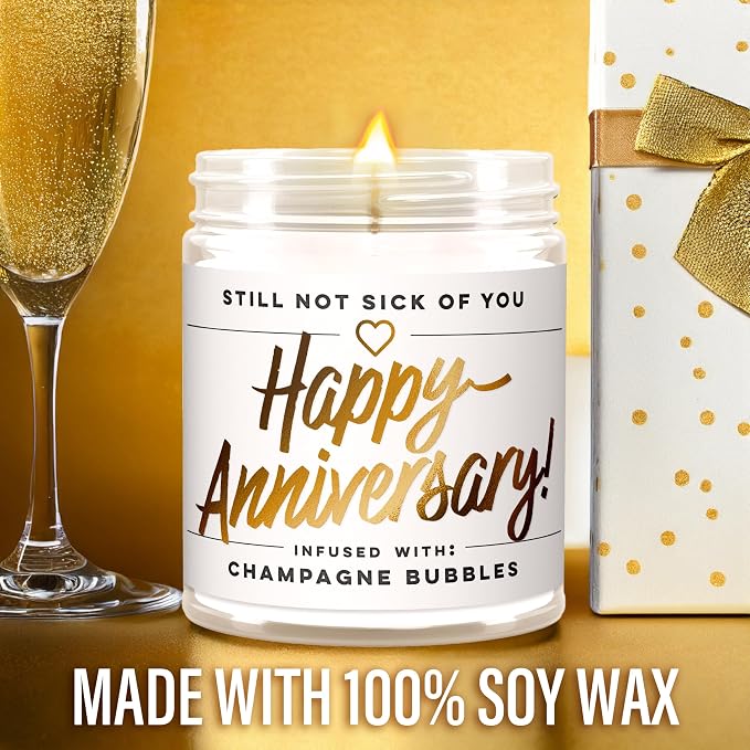 WAX & WIT Happy Anniversary Candle Gifts for Women - Smells Like Champagne Bubbles - Unique Wedding Happy for Couple, Her, Wife, Girlfriend, Friends - 9oz, 50 Hour Burn, Soy Wax