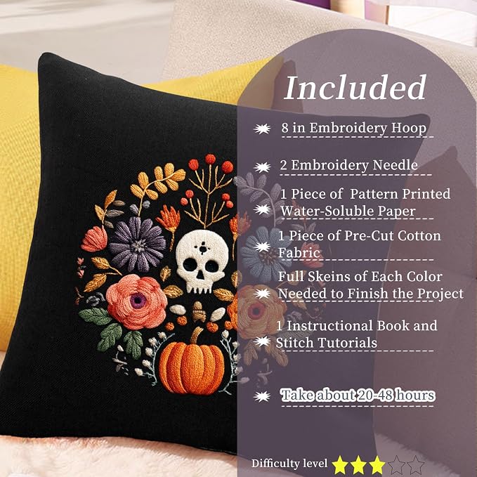 FONNUY Halloween Embroidery Kits for Beginners,Skull Pumpkin Spider Web Floral Stamped Cross Stitch Kit for Adults, Spooky Season Boho Wall Decor, 8'' Hoop (Skull 2)