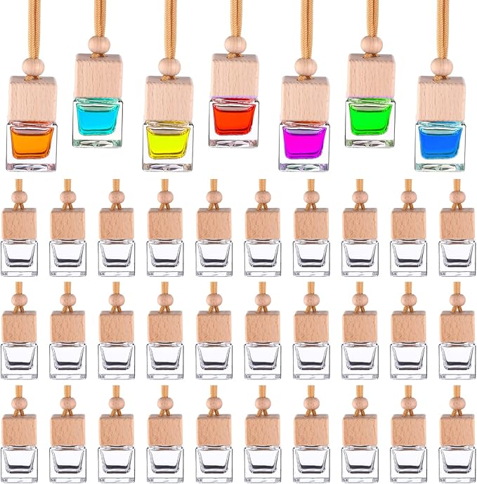 60 Pcs Hanging Car Air Freshener Car Diffuser Bottle Empty Glass Perfume Bottles Air Freshener Diffuser Bottle Pendant for Essential Oils Fragrance Aromatherapy Ornament Decor (Fresh Style)