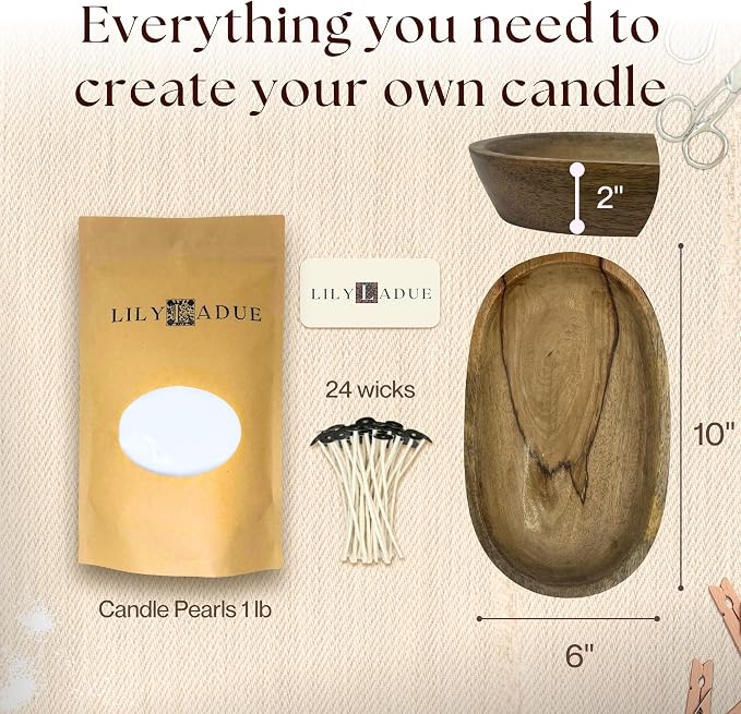 LILY LADUE Sand Candle Kit - 1Lb/16Oz Pearled Candles Sand and Wicks (24) with Wood Holder, Unscented Aroma Beads, Reusable Pearled Candle Wax for DIY Home Kit, Powder Beads Refill Available