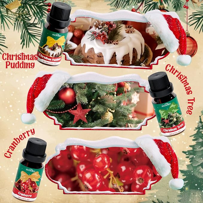 Christmas Essential Oils Gift Set, SNOWSEN Winter Fragrance Oils for Diffuser & Aromatherapy, Apple Cinnamon, Christmas Pudding, Candy Cane, Gingerbread, Cranberry Scented Oil for Candle Making