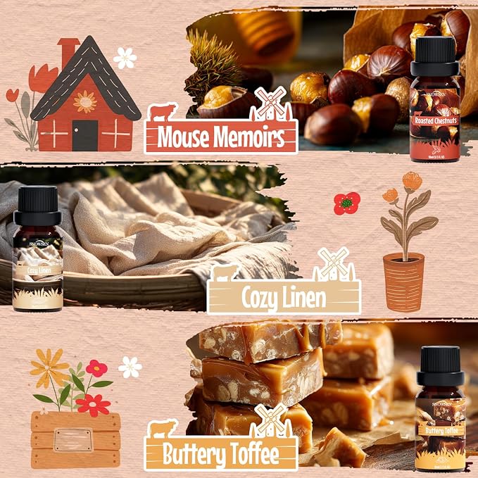 Farmhouse Essential Oils Set for Diffusers for Home, Soap & Candle Making Scents, Roasted Chestnuts,Buttery Toffee, Garden Herbs, Cozy Linen, Maple Syrup, Weathered Wood, 6x10ml