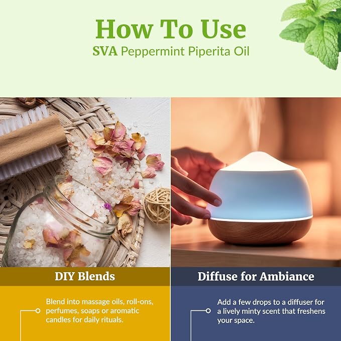 SVA Peppermint Piperita Essential Oil – 4 Fl Oz – 100% Natural Piperita Oil - for Diffuser, Hair Care, Face, Skin Care, Aromatherapy, Scalp and Body Massage, Soap and Candle Making - with Dropper