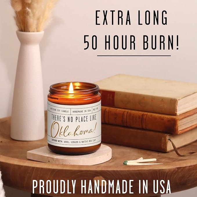 Oklahoma Gifts, Oklahoma Decor for Home - 'There's No Place Like Oklahoma Candle, w/Wood, Ginger & Native Red Clay I Oklahoma Souvenirs I Oklahoma State Gifts I 9oz Jar, 50Hr Burn, USA Made