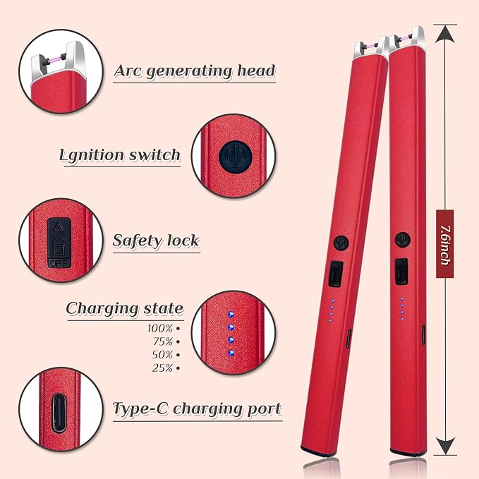 2 PCS Candle Lighter,Windproof Flameless Electric Lighter with LED Power Display ＆ Safety Switch, Upgraded Plasma USB Rechargeable Lighters for Birthday Camping BBQ （Red）