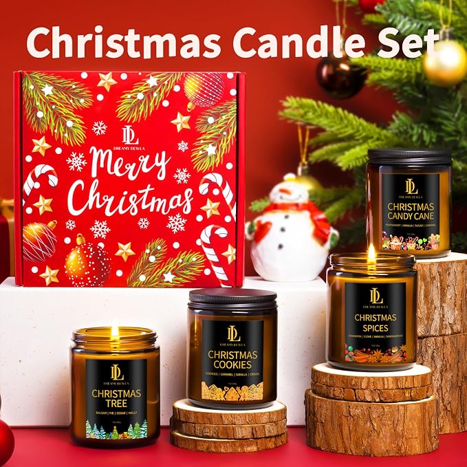 Holiday Candle Set, Scented Candle for Home, 4 Pack Soy Candles Gifts for Women Men, Scents of Christmas Tree/Cookies/Spices/Candy Cane