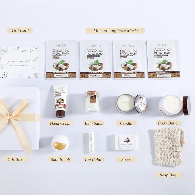 Coconut Spa Gifts for Women Birthday Self Care Kit Mothers Gifts Basket Thank You Relaxing Bath Sets for Moms Friends Co-worker Daughter Girlfriend Grandma Sister Teacher Daughter-in-Law