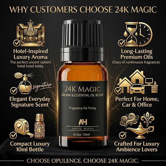 Hotel Diffuser Oil 24k Magic Essential Oil - Hotel Scent Diffuser Refill - Citrus, Lemongrass, Jasmine - Hotel Oils for Diffusers for Home - Luxury Scent Oil with Glass Bottle & Dropper 10ml