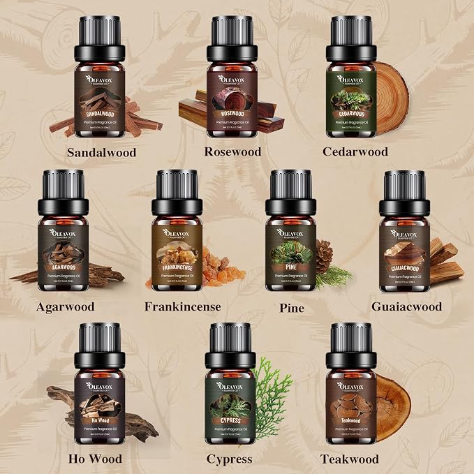 Woody Essential Oils Gift Set, 10x５ML Premium Wood Fragrance Oil　for Candle & Soap Making, Diffuser, Sandalwood, Teakwood, Forest Pine, Cedarwood, Cypress and Frankincense More Aromatherapy Oils
