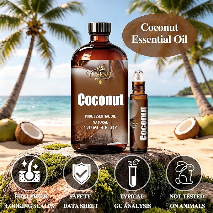 Coconut Essential Oil, Coconut Oil 4 Fl Oz 120ml for Diffuser Yoga Soap & Candle Making – with 0.33 Oz Roller Ball & Dropper YHSESSE Essential Oils