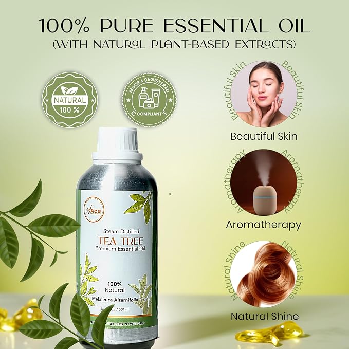 My ACE Tea Tree Essential Oil 16 Fl Oz - 100% Pure & Natural - Premium Grade for Aromatherapy, Diffuser, Skin, Hair, Massage, Candle, Soap Making, Home - Glass Bottle with Dropper - Long Lasting Scent