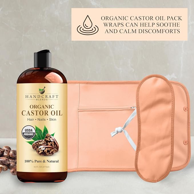 Handcraft Blends Castor Oil Pack Wrap | Organic Castor Oil 16 oz | Reusable Wraps | Durable Comfortable Pack Wraps | Adjustable Elastic Straps | Neck and Stomach