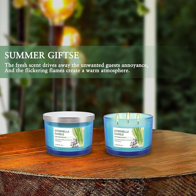 2x14oz Large 3-Wick Outdoor Indoor Citronella Candles, Long Lasting to 30 Hours, Scented Natural Soy Candle for Garden Camping Party Yard Balcony